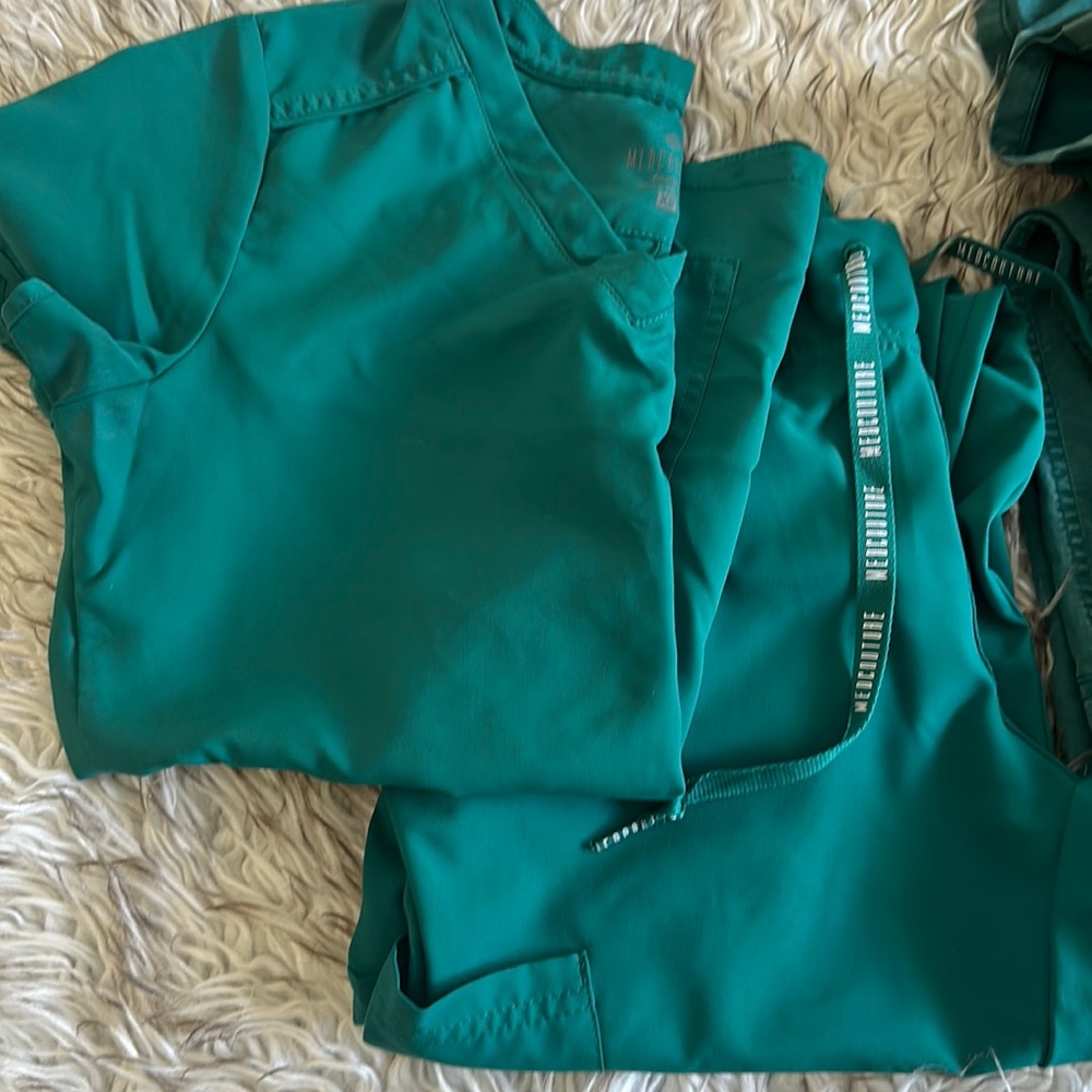 Set of Three Hunter Green Scrubs, Plus Scrub Jacket.